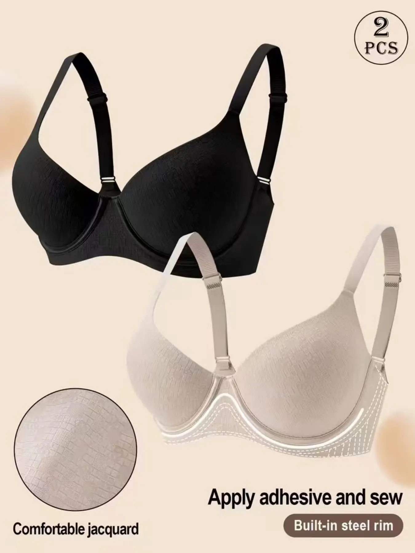 2pcs Women's Seamless Underwire Bras, Adjustable Straps, Soft Comfortable Smooth Casual Push-Up Bras, Everyday Wear Lingerie, All Seasons