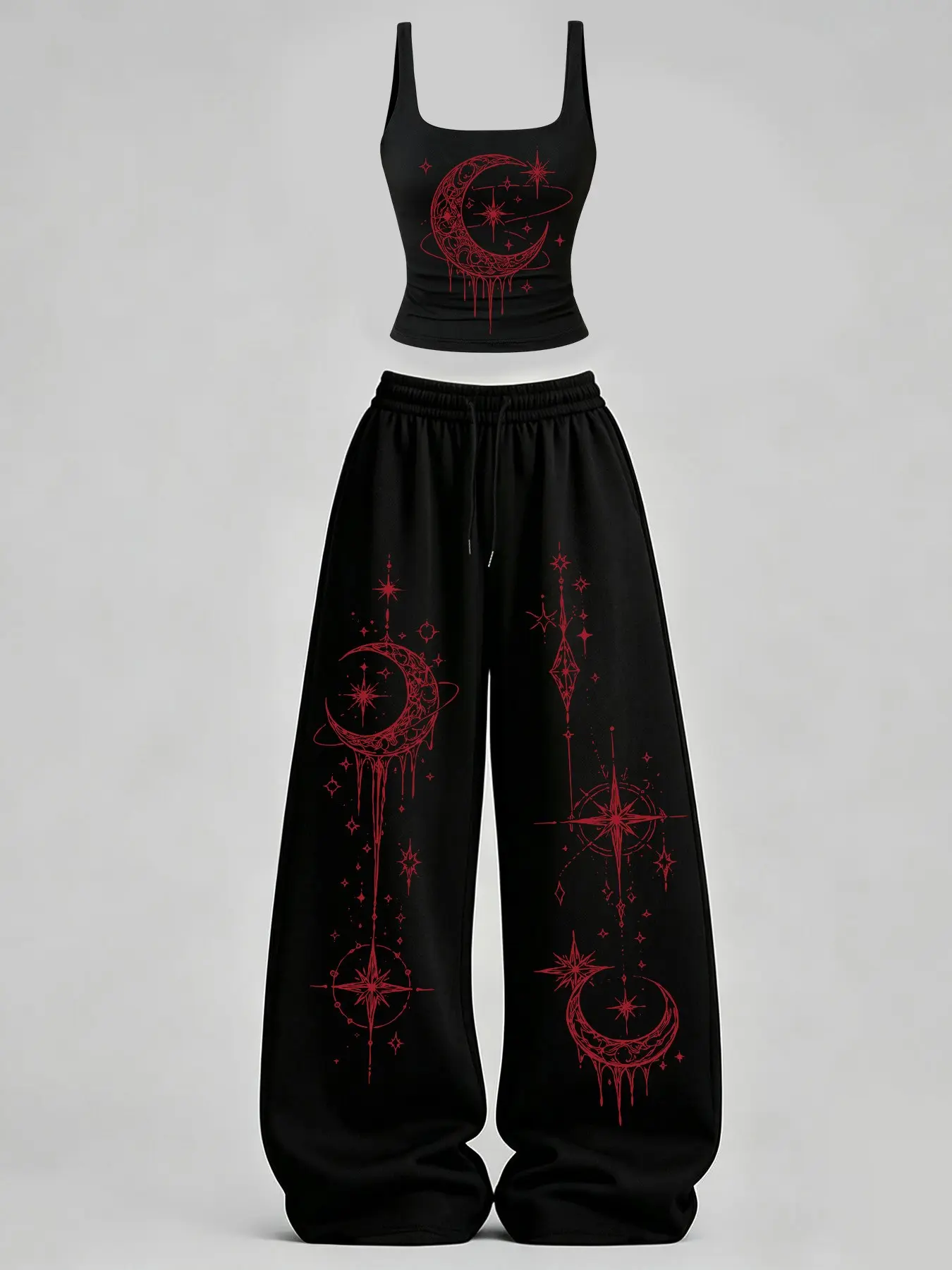Women's Casual Home Wear Set, U-Neck Slim Fit Tank Top + Loose Pants, Star Moon Astro Print, Y2K Street Style, Daily Commute, Campus, Home Relax