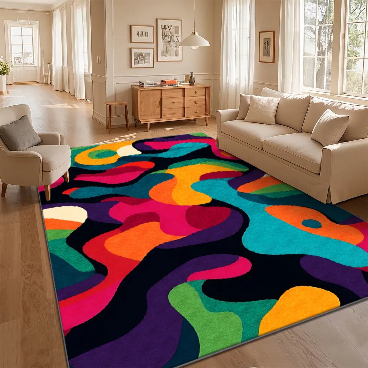 Bohemian Style Abstract Area Rug - Boho Farmhouse Polyester Runner, Irregular Swirl Color Block, Multi Sizes, Customizable Durable Indoor Home Decor Rug, Machine Washable Non-Slip, Local Delivery