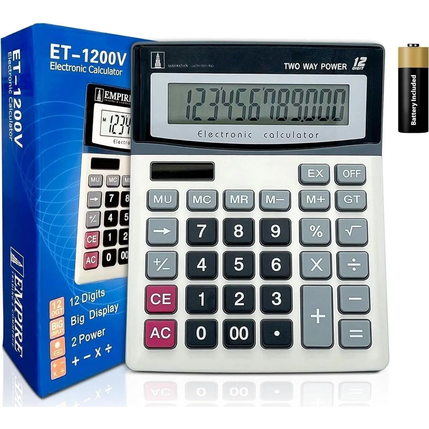 Desk Calculator with Large Key Buttons, 12-Digit Large Eye-Angled Display, Solar    -  Calculator for Students,  and Office Use ( Included)