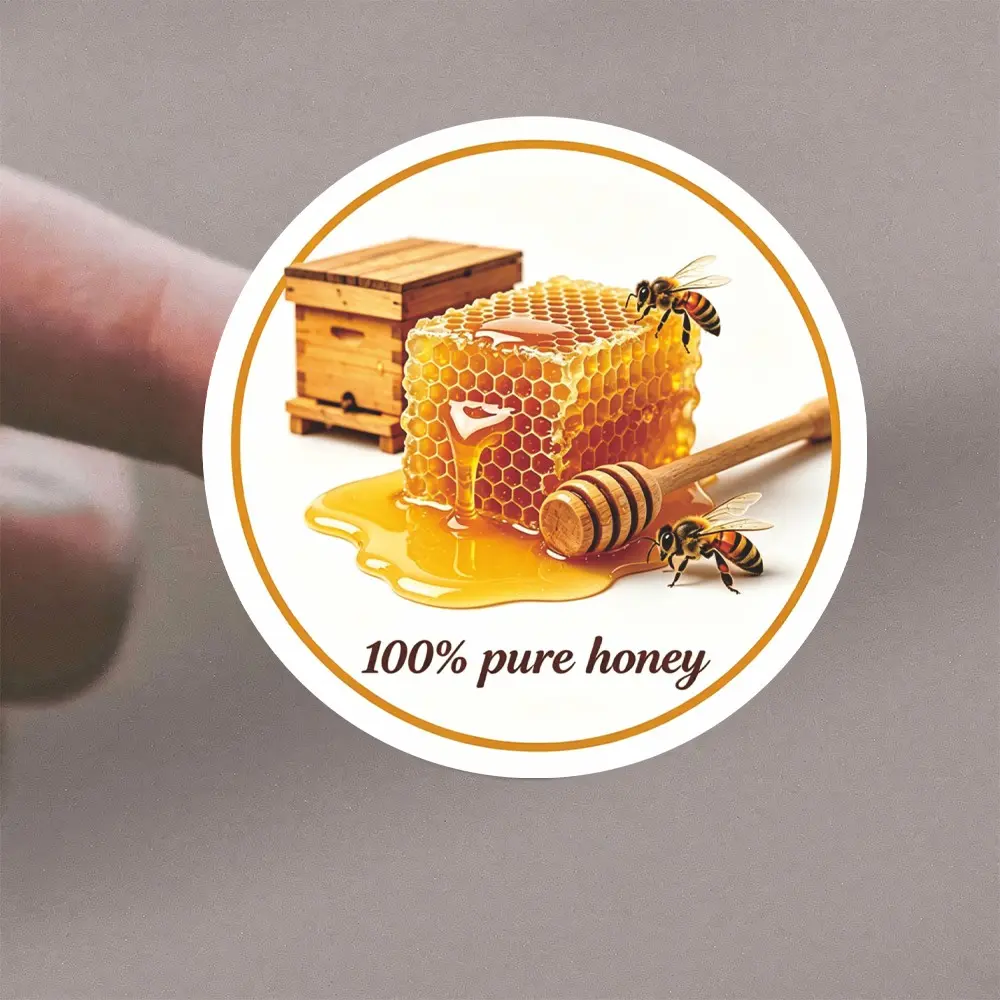 72 Round Pure Honey Labels, Circle Sticker Label, Self-Adhesive Stickers with Bee and Hive Design, Ideal for Honey Jars, Beekeepers, Small Farms, Gift Boxes, Food Containers