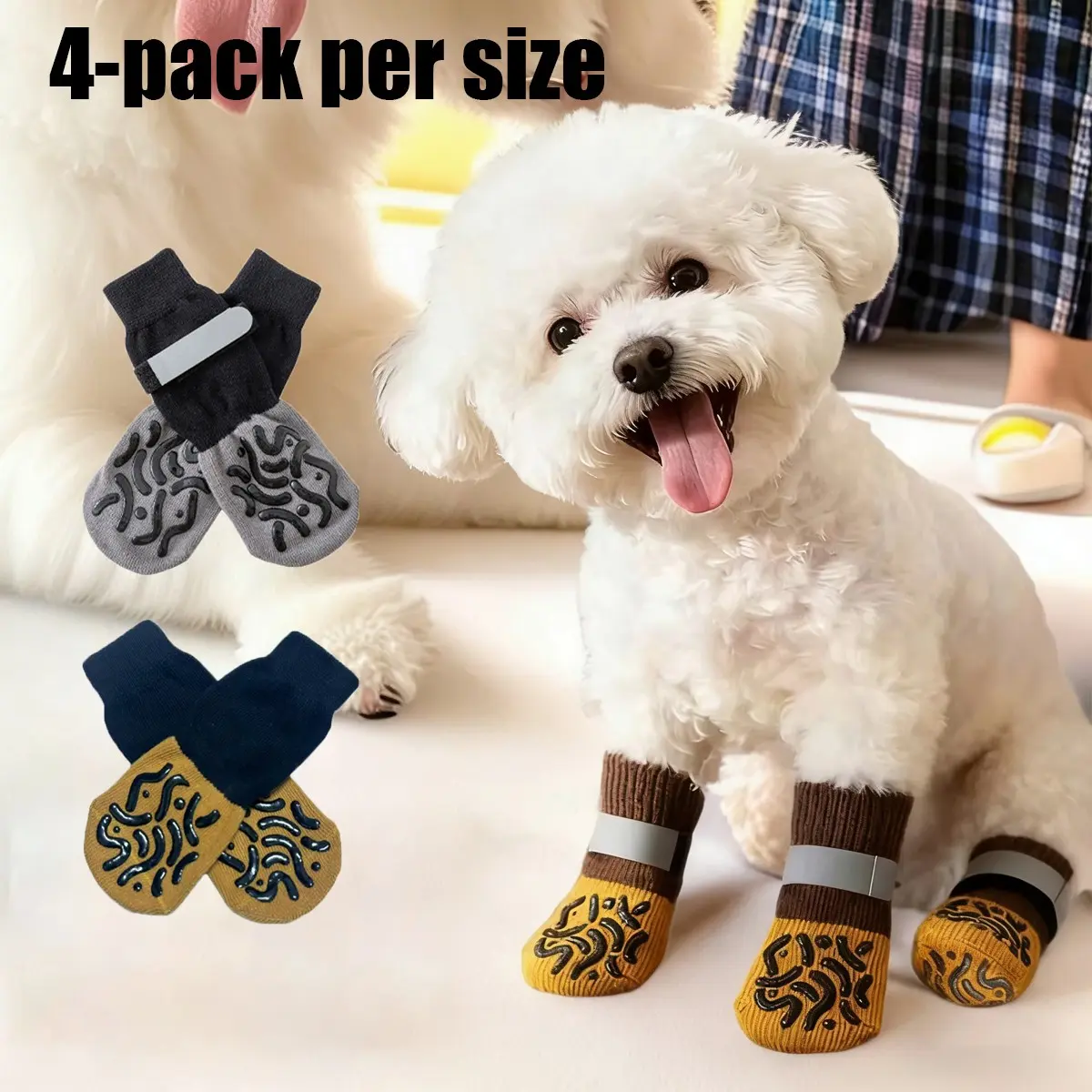 Pet Anti-Slip Dog Socks, High Elastic Adjustable Straps, Indoor Quiet Foot Covers, Scratch-Proof, Lick-Resistant, Durable, Set of Four