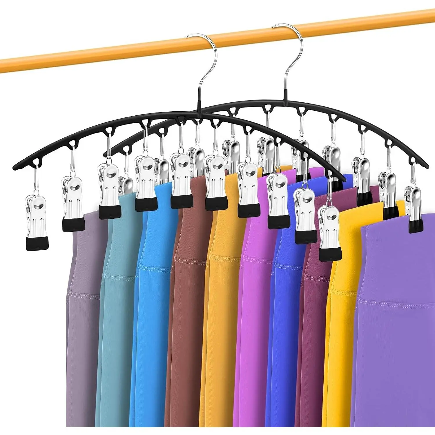 Metal Legging Organizer Hangers for Closet Room, 2-Pack with 10 Clips Holds 20 Items, Space-Saving Storage for Pants, Shorts, Scarves, Hats (Black), Hanging