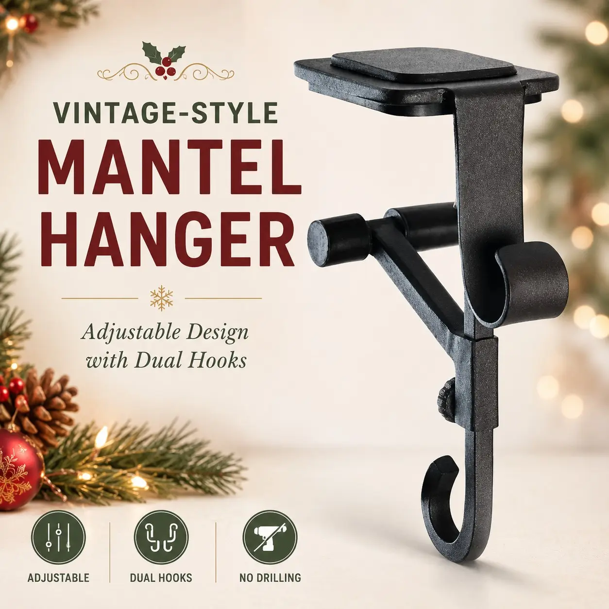 1 PC Mantle Garland Hangers, Vintage Holiday Style Adjustable Stocking and Garland Holders with Dual Hooks, No-Drill Metal Mantel Hangers for Fireplace, Door Frame and Christmas Home Decorations