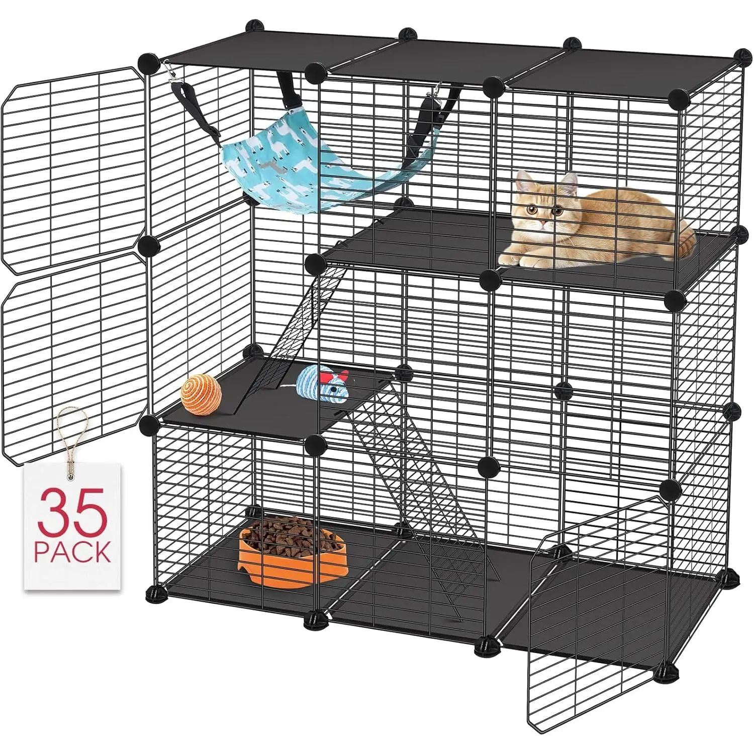 3-Tier Detachable Metal Frame Cat Cage - Indoor Outdoor Multi-Level Play Catio Playpen with Hammock for Cats, Ferrets, Outdoor Pen/Hutch, Ferret