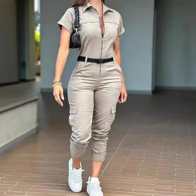 2025 New Women's Fashion Zipper Coveralls Short Sleeve Lapel Multi-Pocket Belt Jumpsuit Womenswear Grey