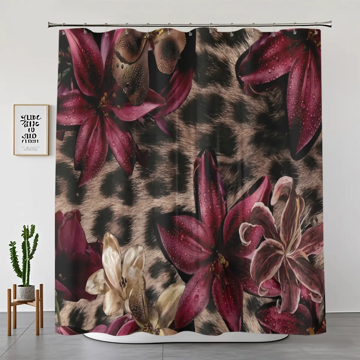 Burgundy Lily Floral Leopard Print Shower Curtain Set (1-4 Pieces) - Waterproof Quick-Dry Washable Fabric, Bold Animal Skin Water Drops Design, Moody Dark Elegant Luxury Glam Bathroom Decor for Women, Shower Curtains