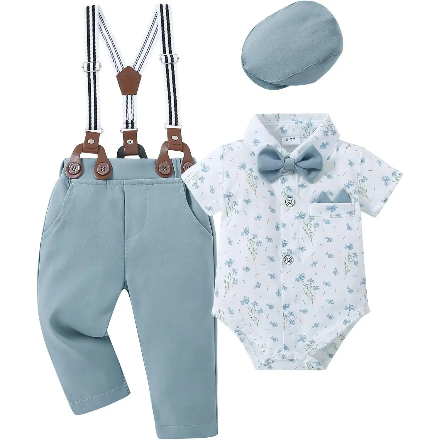 Baby Boy Formal Gentleman Outfit Set 0-24M Newborn Infant 4Pcs | Cotton Blend Short Sleeve Dress Shirt + Beret Hat + Suspenders + Pants + Bowtie, Button, Sizes 0-3, 3-6, 6-12, 12-18, 18-24 MonthsGift