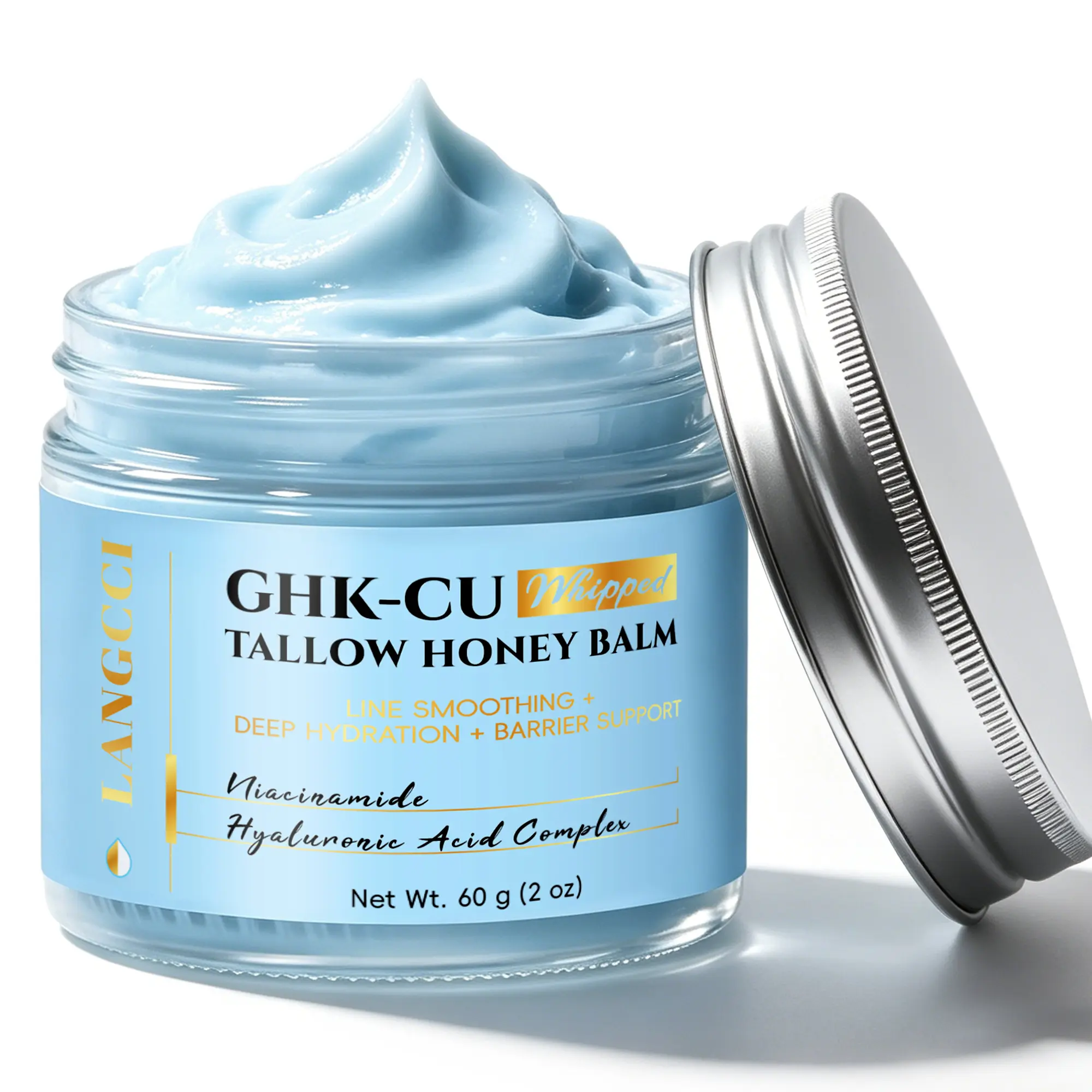 LANGCCI Copper Peptides GHK-Cu Beef Tallow Blue Balm - Daily Gentle Hydrating Moisturizer with Methylene Blue, Manuka Honey, Vitamin E - Nourishing Natural Face & Body Care for Mature Skin, Moisture, Skin Repair