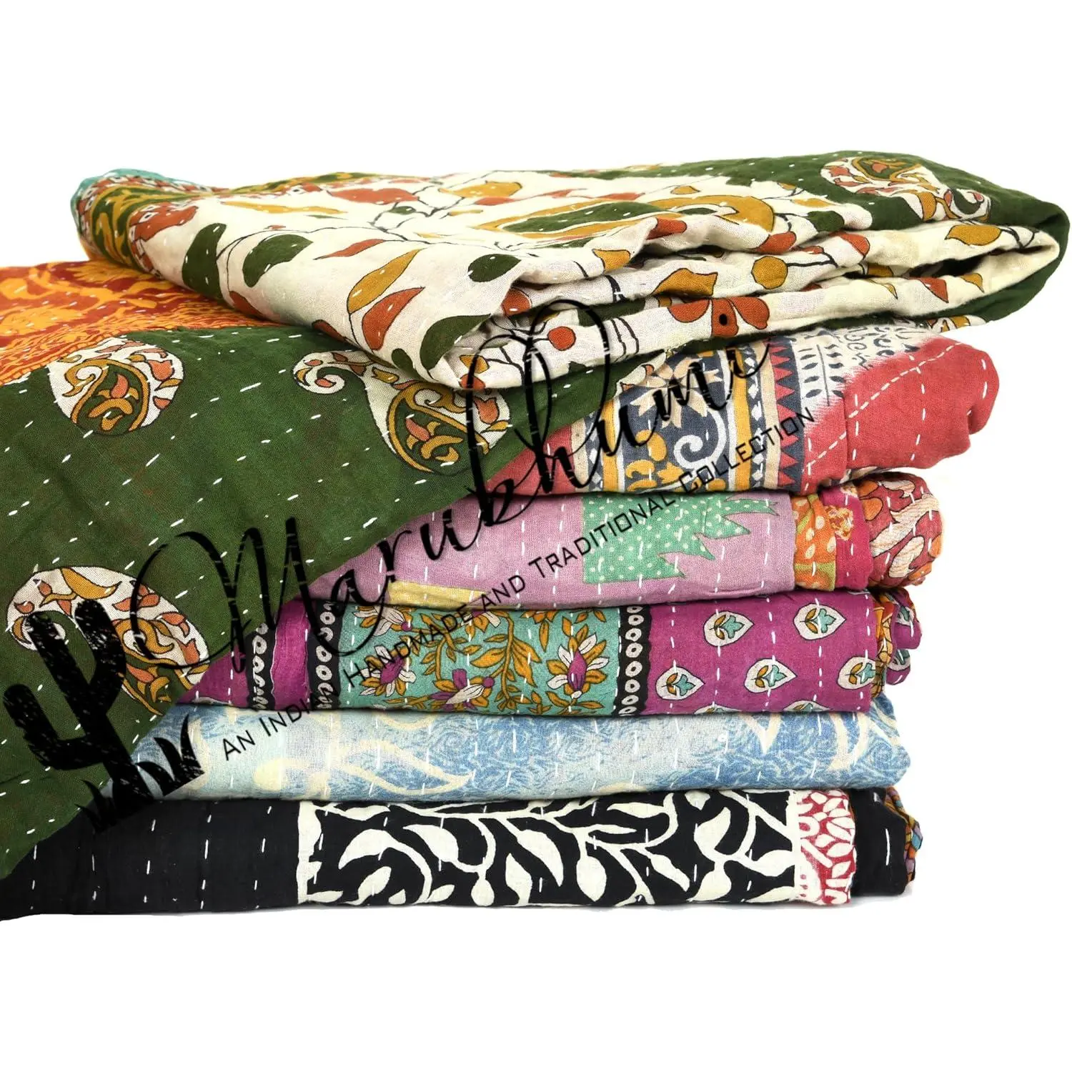 Kantha Quilt -  Reversible  Throw Blanket with  Patchwork | Boho-Style Decorative Bedding for Sofa, Couch, Bed & Picnic | 1 count
