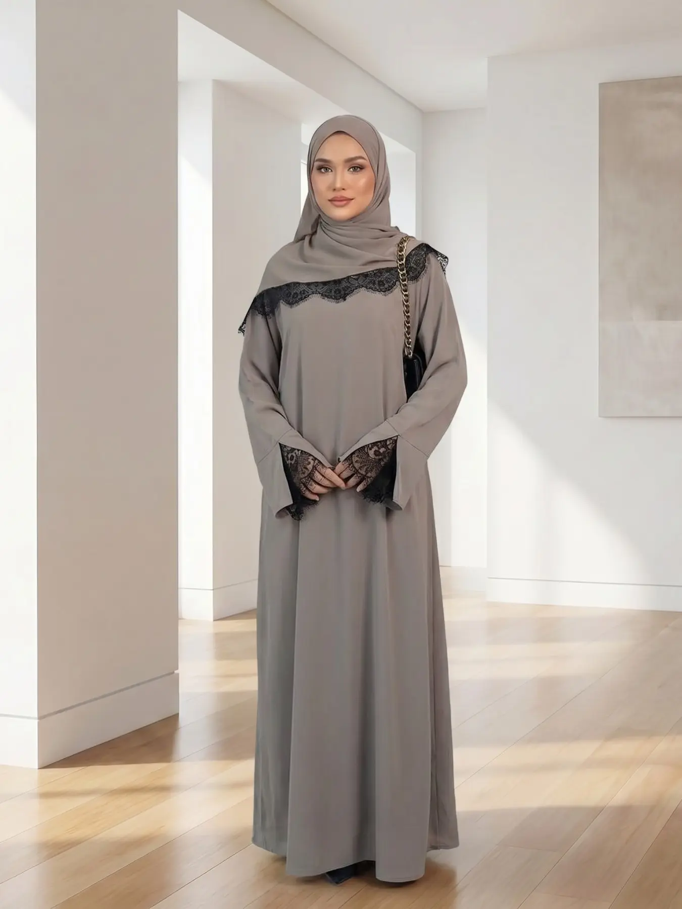 New Muslim Women's Lace Patchwork Abaya & Hijab Two-Piece Set, Abaya With Hijab, Elegant Bell Sleeve Long Dress, Casual All-Season Wear