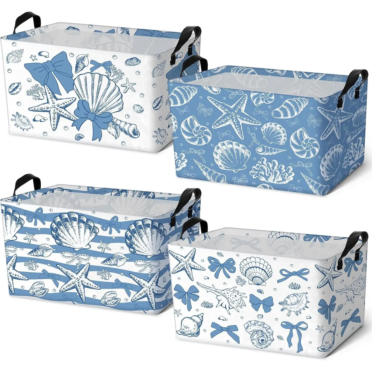 4pcs Christmas Storage Basket Fabric Laundry Baskets with Handle Xmas Foldable Organizer Boxes for Office Home Baby Cloth Toy Book 15 x 10 x 8(Summer Shell)