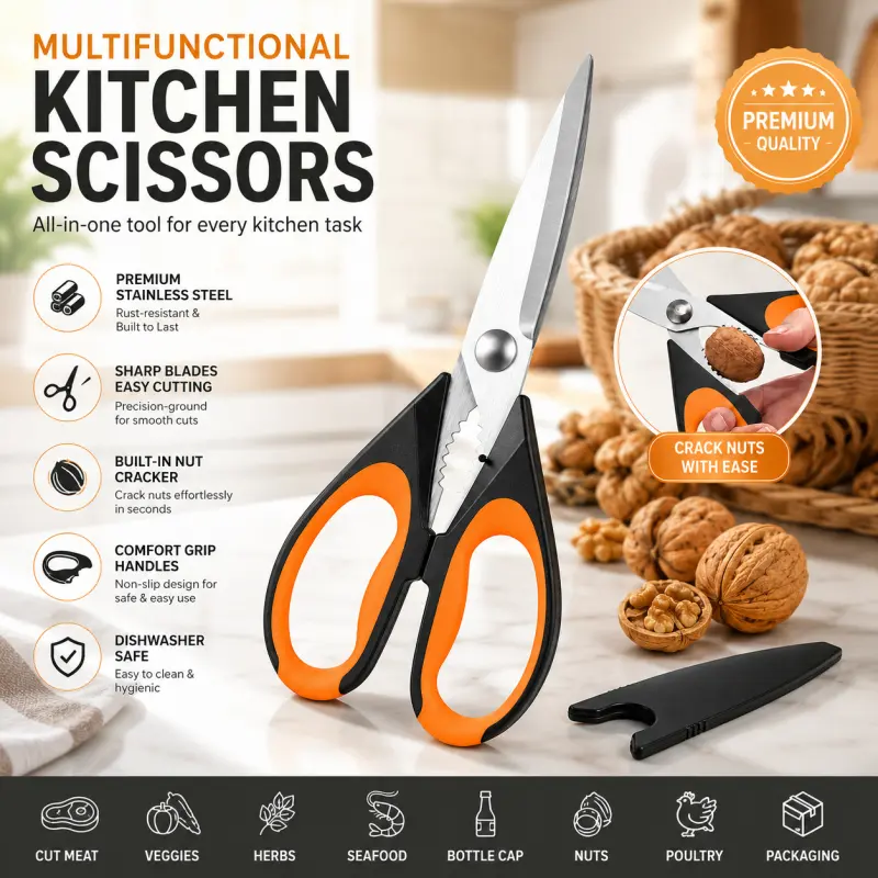 Veloura Handy Scissor Shape Heavy-Duty All-Purpose Stainless Steel Kitchen Tool, Multifunctional Dishwasher-Safe Cooking Shears with Safety Cover for Meat, Vegetables
