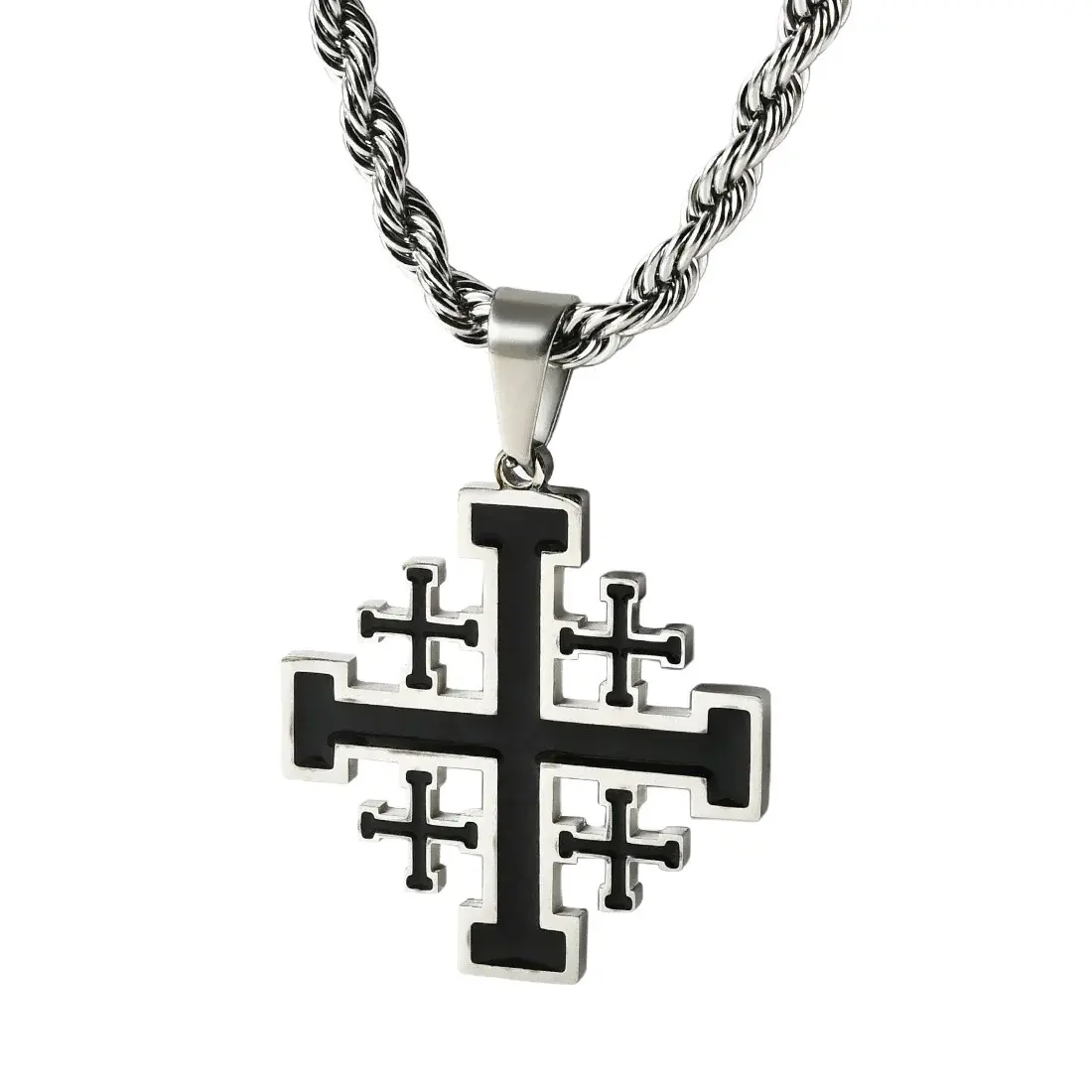 Jerusalem Crusader Cross Pendant Necklace, 3-Tone Golden Steel with Black Enamel, Unisex Rope Chain Jewelry for Multiple Events, Edgy Look Gift for Him or Her