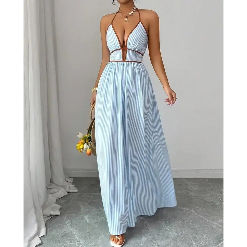 Deep V-Neck Striped Backless Sleeveless Halter Statement Dress, Elegant Evening Gown, Formal Wear for Special Occasions