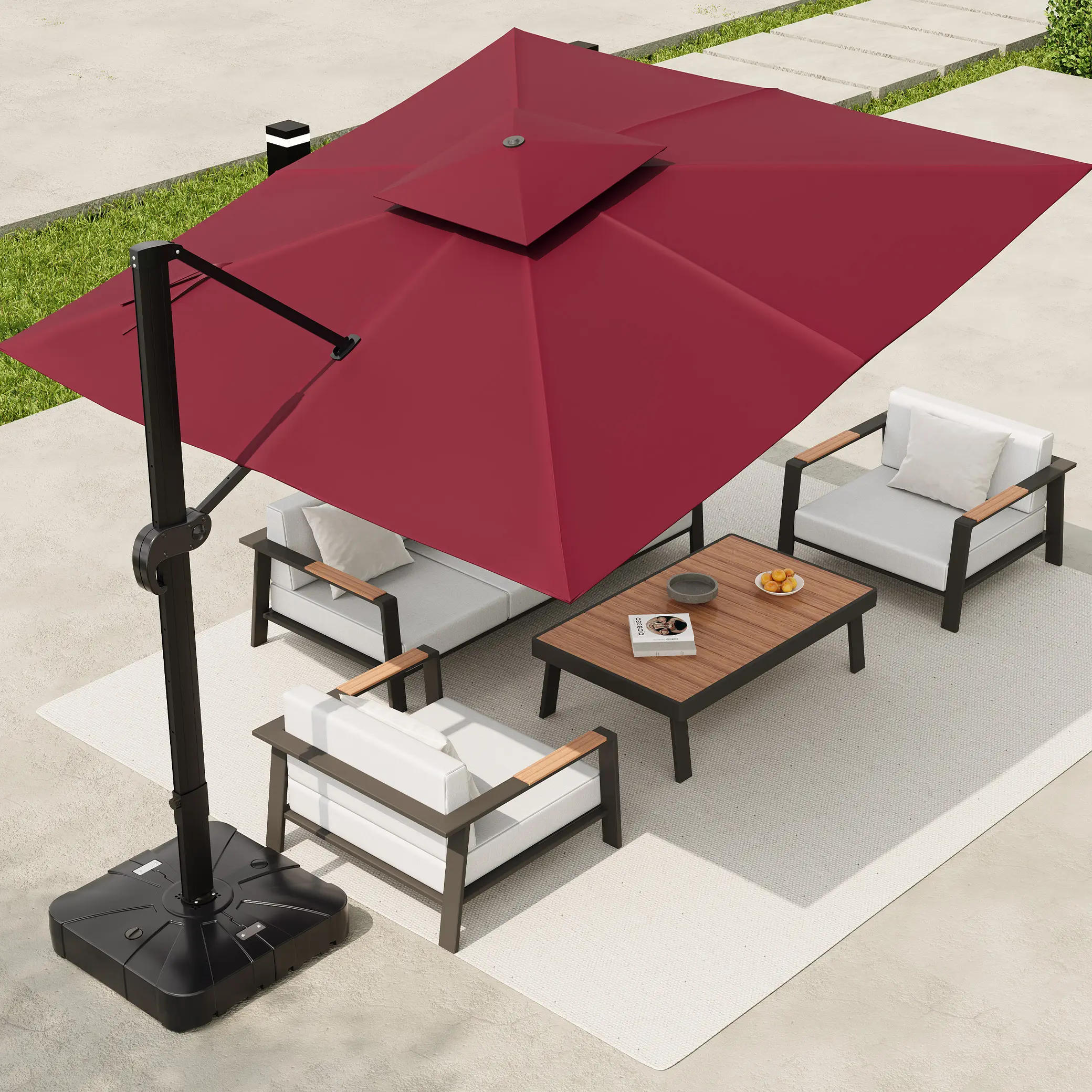 OP-10x10 ft Square Outdoor Cantilever Patio Umbrella – Features 360° Rotation and Height Adjustment – ​​Heavy-Duty Aluminum Construction – Ideal for Gardens or Poolside (Base Not Included)