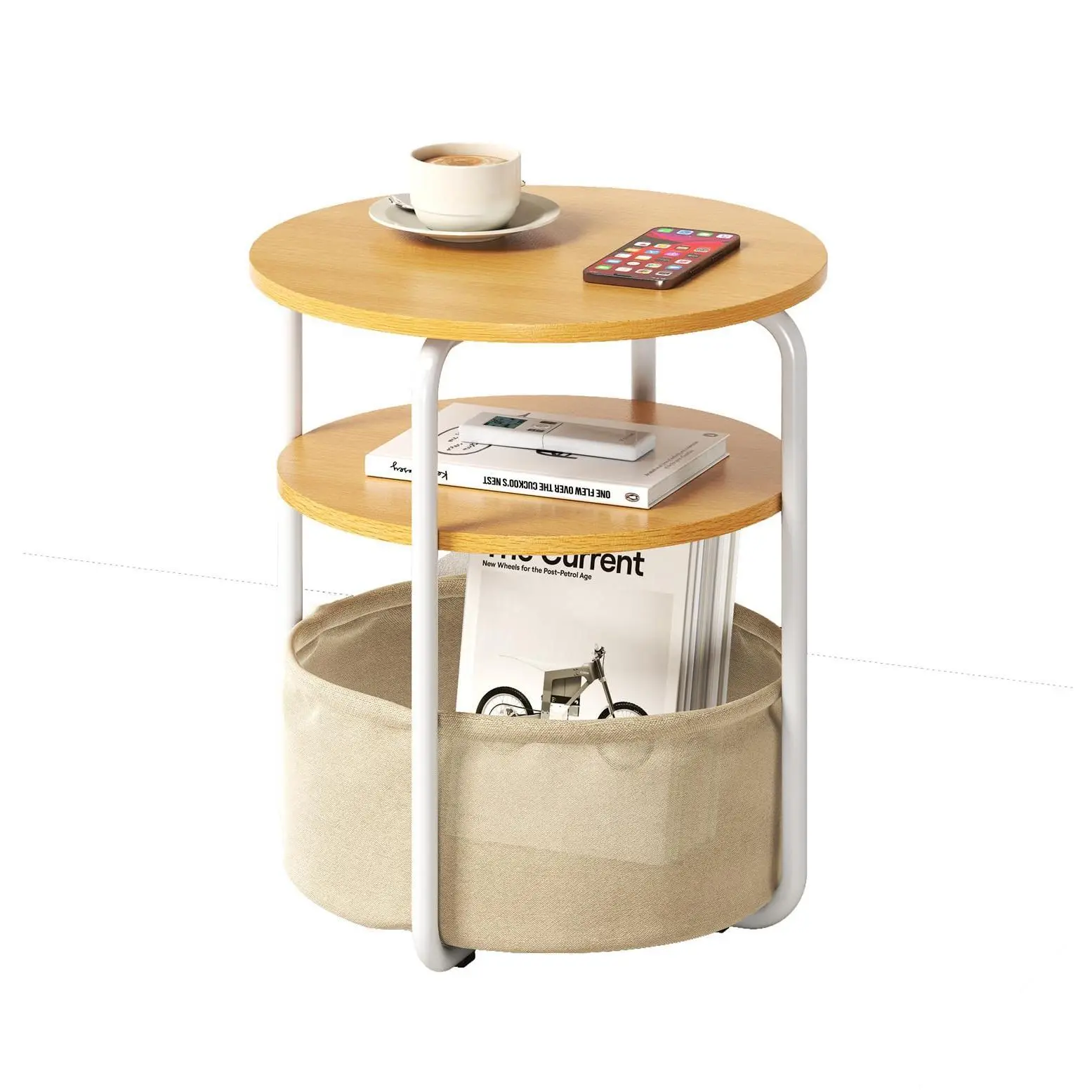Small 3-Tier Round Side Table with Removable Fabric Storage Basket, Modern Metal Bedside Nightstand for Bedroom & Living Room, 23.6" Tall Vintage Accent End Table for Small Spaces & Corner, Minimalist Computer Desk & Coffee Table, Grey