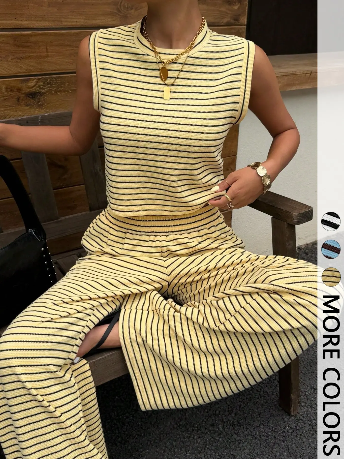 Summer Striped Two-Piece Set, Loose Round Neck Sleeveless Tank Top, Elastic Waist Vacation, Comfortable Home Wear