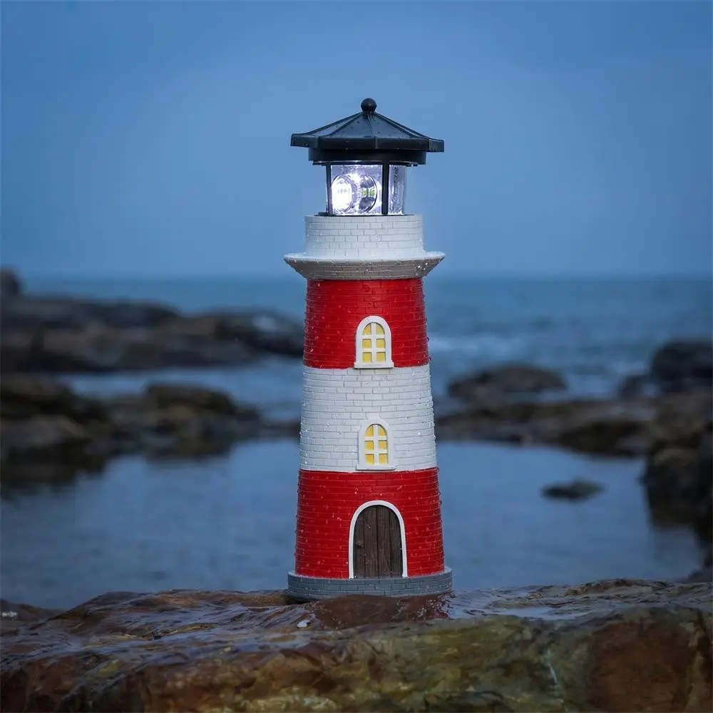 Solar Lighthouse Outdoor Nautical Style Decoration, 360° Rotating LED Lawn Statue Lamp, Durable Resin Lighthouse Sculpture Ornament, Suitable for Landscape Decoration of Courtyards, Lawns, Patios, and Walkways, Festival Gift, Solar Garden Lights