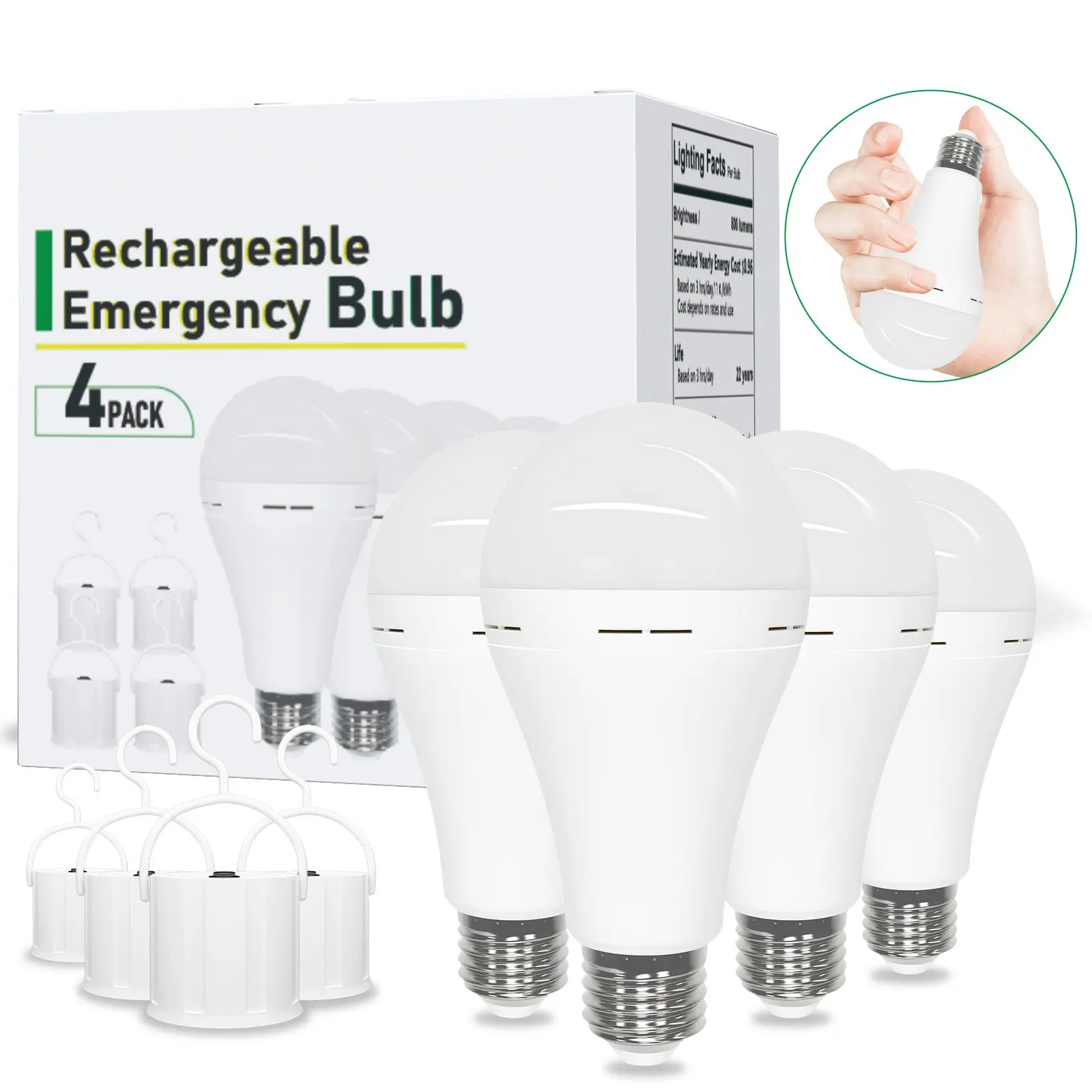 Emergency Rechargeable Light Bulbs 60w Equivalent, E26 Base, Battery Powered, Long Lasting LED Emergency Bulbs, Backup Power, Wall Lamp，2/4 Pack [Energy Class F]