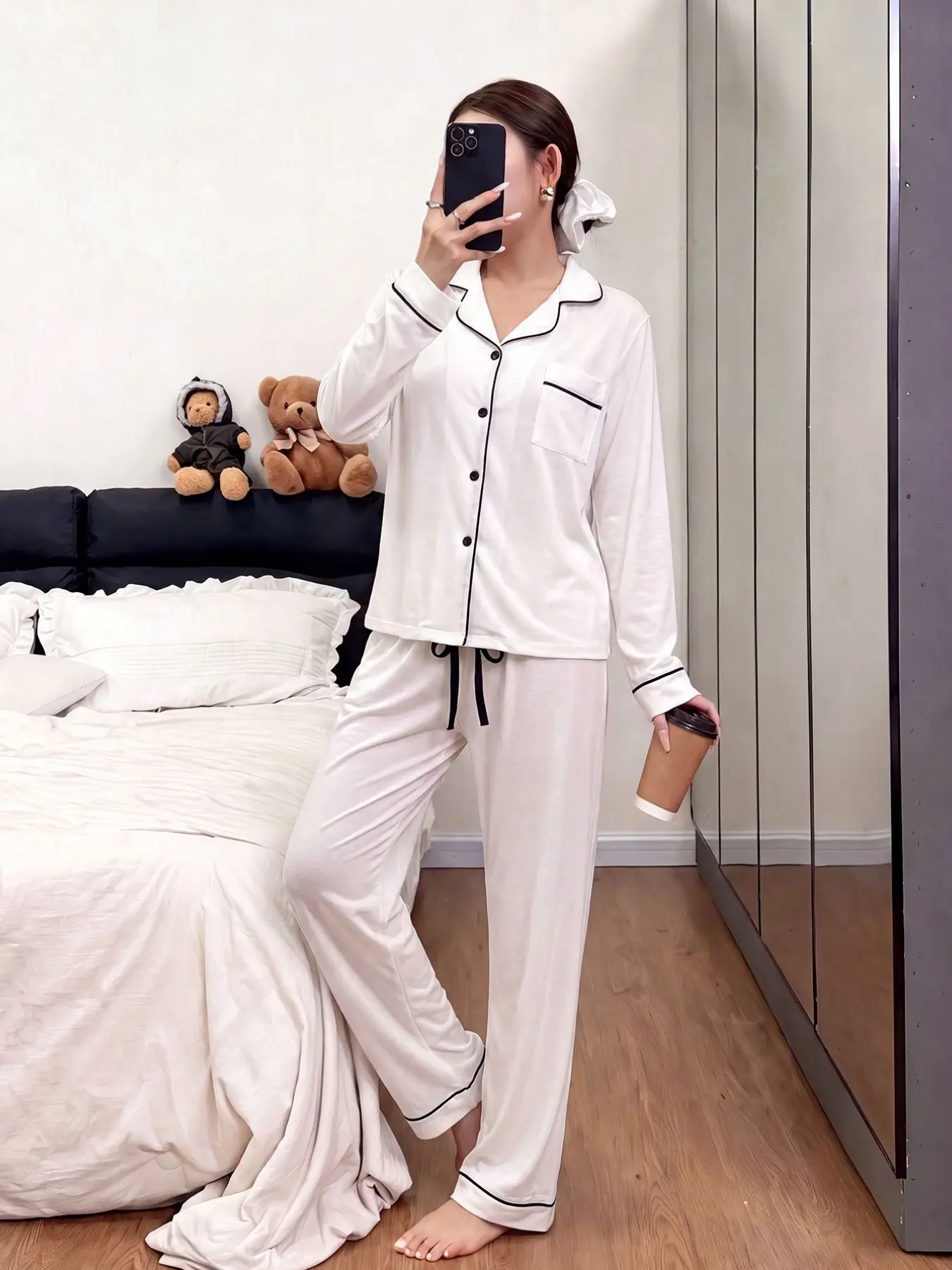 Women's Fall Winter Pajama Set, Plain Color Long Sleeve Button Front Sleepwear, Casual Slim-Fit Home, Cozy Lounge Wear Pjs