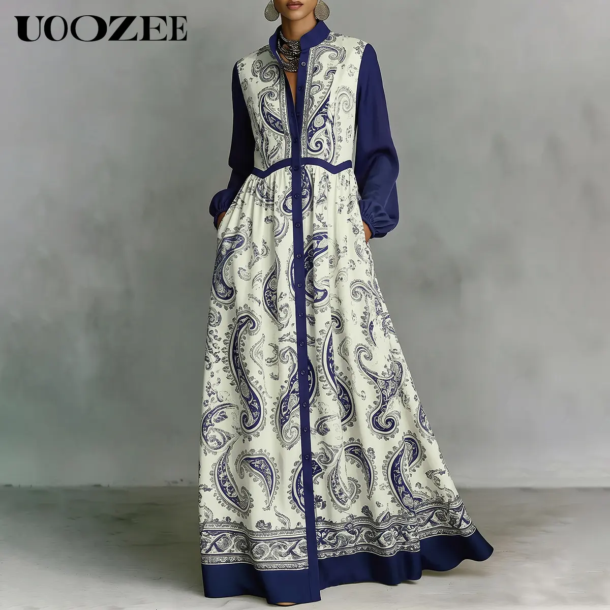 UOOZEE Women’s Smooth Silky Satin Paisley Print Long Sleeve Maxi Gown, Elastic Cuff Long Sleeve Empire Waist Floor Length Dress, tand Collar Button Front Flowy Long Gown with Pockets, Size Up for Full Cups, Floor Length Modest Resort Dress
