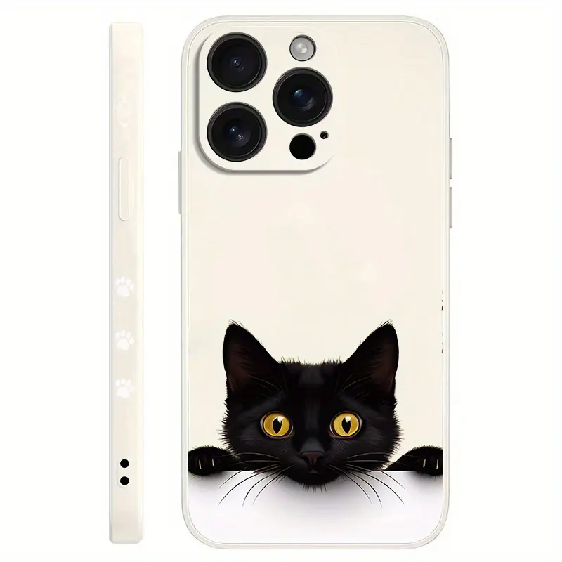 Soft Matte Silicone TPU Phone Case for iOS iPhone Series 11-17 Air/Pro Max - Cute Cream Base, Minimalist Peeking Black Cat & Tiny Paw Aesthetic, Shockproof Full Cover with Camera Guard, Cute Accessories