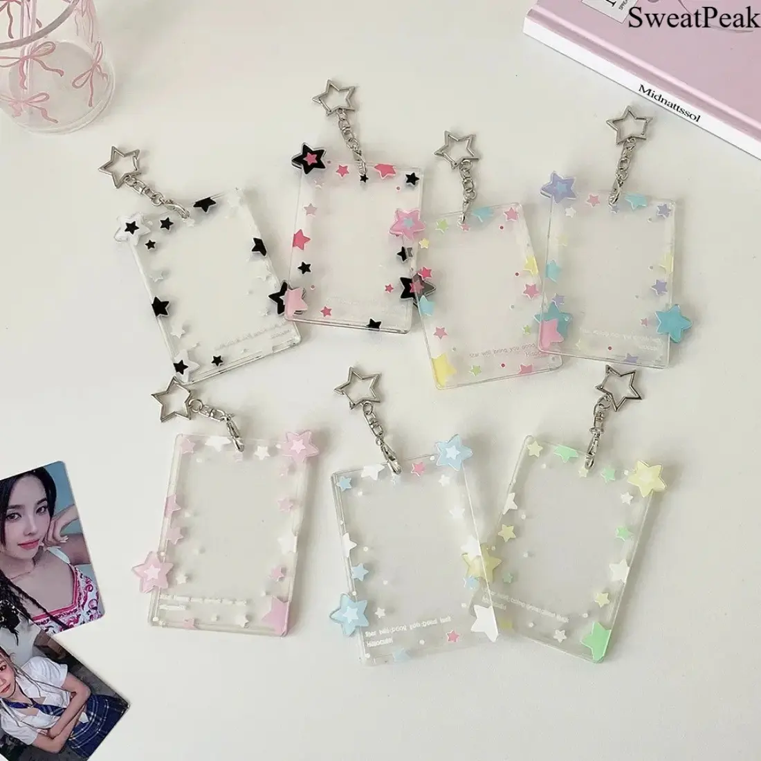 Kpop Photocard Holder, Pastel Star Clear Acrylic Card Case with Cute Keychain, Protective Photo Card Sleeve for Idol Collectors, Trendy Kpop Accessories for Concerts, Bag Decoration, Fan Collection, Birthday Gift & Everyday Carry