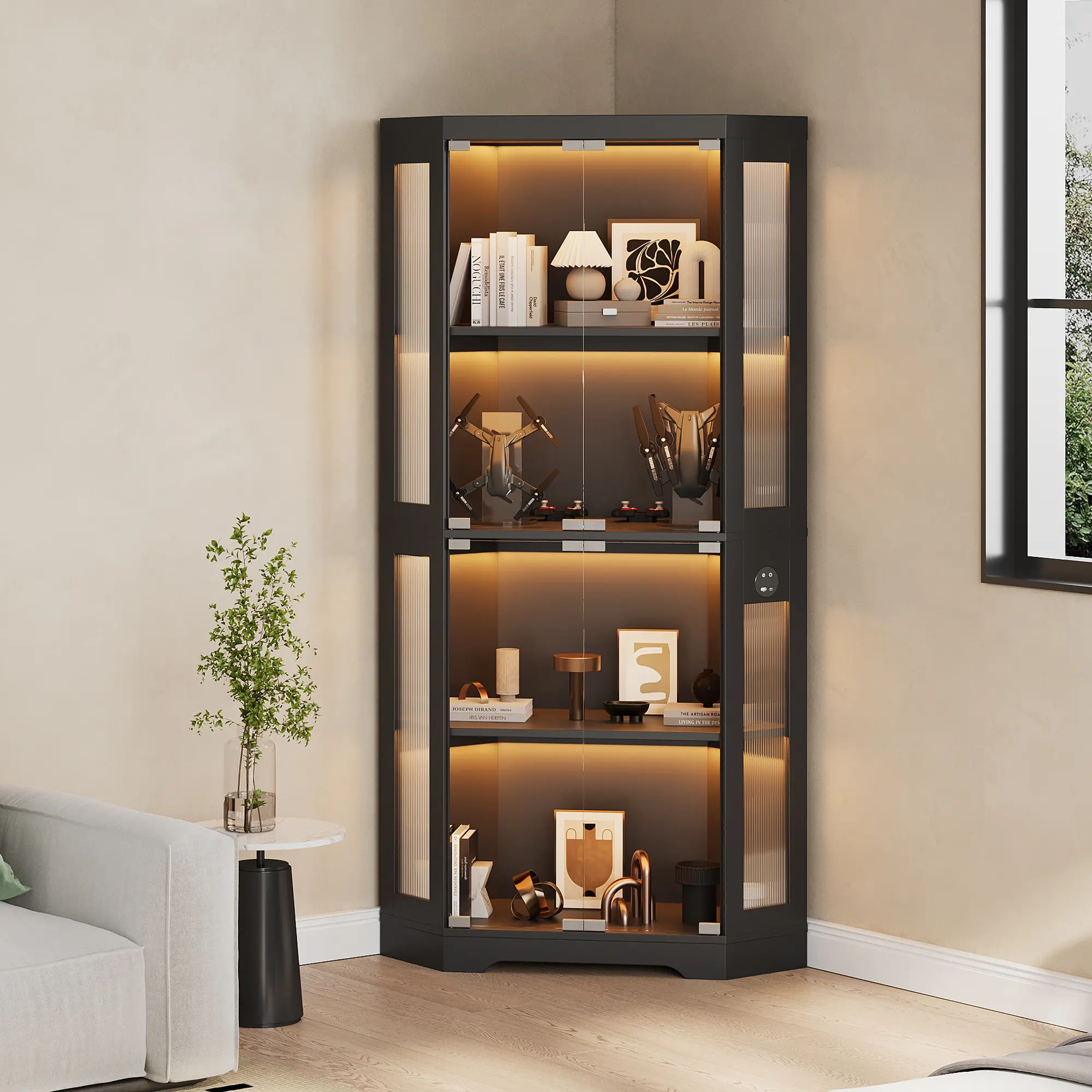 Glass Display Cabinet - 4-Tier Corner Retail Showcase with Glass Doors, 3-Color LED Lighting, Body Detector, USB Charging Ports - Perfect for Collectibles, Toys, Books, Living Room or Retail Store