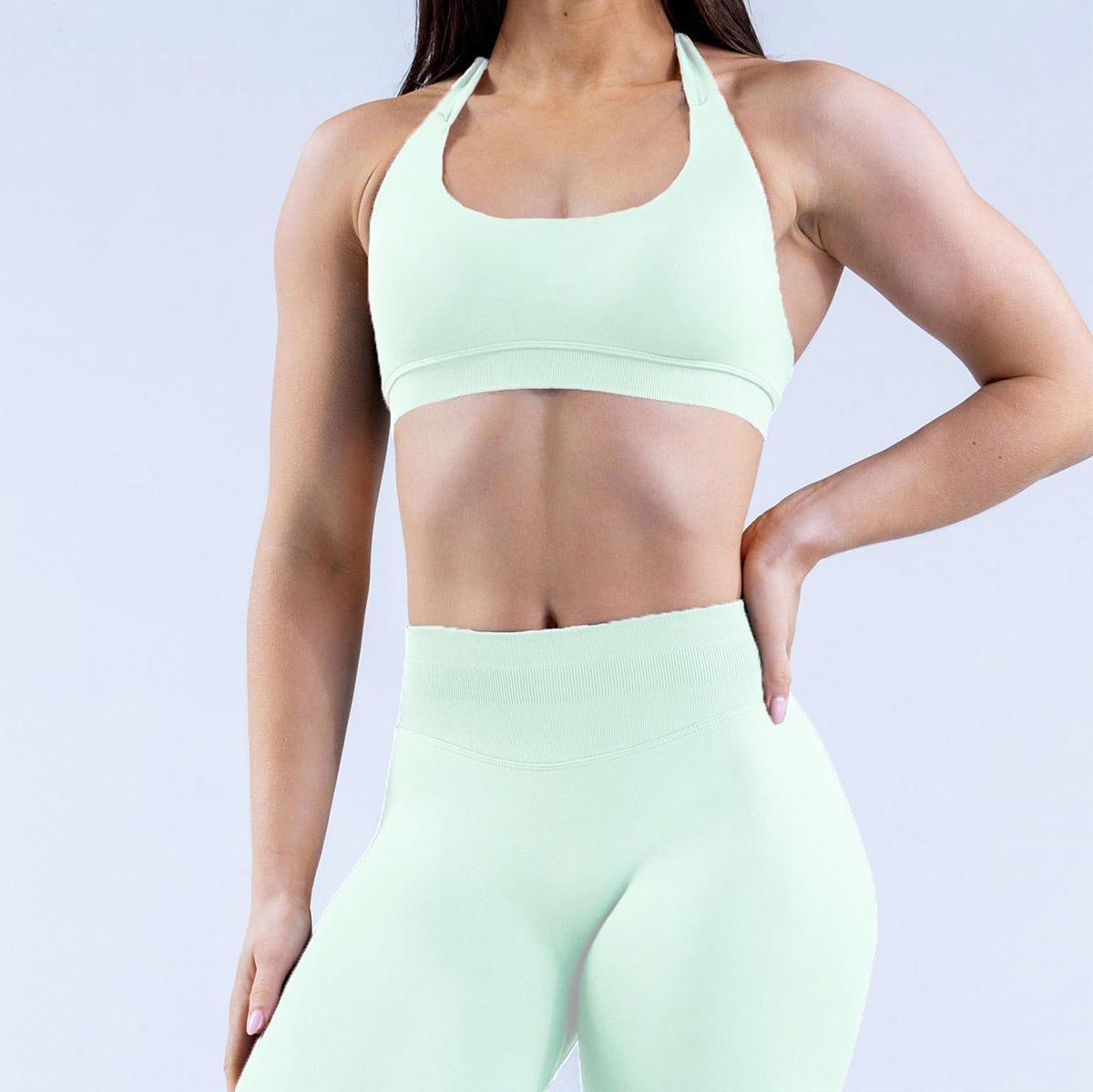 Seamless High Stretch Halter Sports Bra, Ultra Soft Matte Nylon Backless Criss Cross Workout Bra for Yoga Fitness