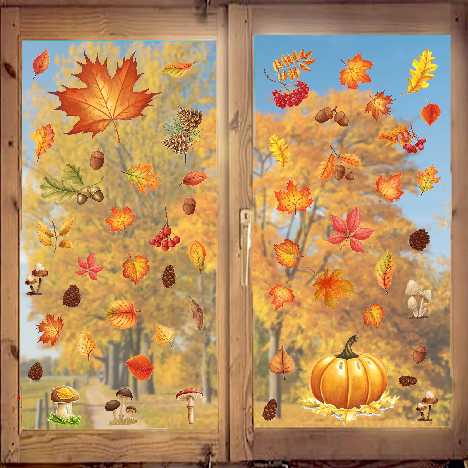 Autumn Harvest Window Clings, Maple Leaf Pumpkin 5 Sheets 20*30cm, Reusable No-Glue Static Glass Decals for Thanksgiving Home Decor, Decorative