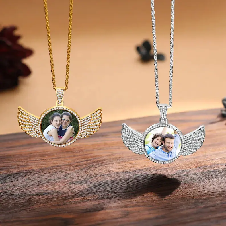 Personalized Diamond Studded Angel Wings  Necklace,Custom Photo Necklace,Hip Hop Necklace For Men,Engraving Necklace,Memorial Jewelry Gift