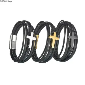 Magnetic Cross Bracelet - Stylish Multi Layer Black Leather with Metal Cross, Lightweight Bold Statement, Trendy Mens Jewelry Great for Gym Summer Wear Special Occasion & Faithful Wrist Style