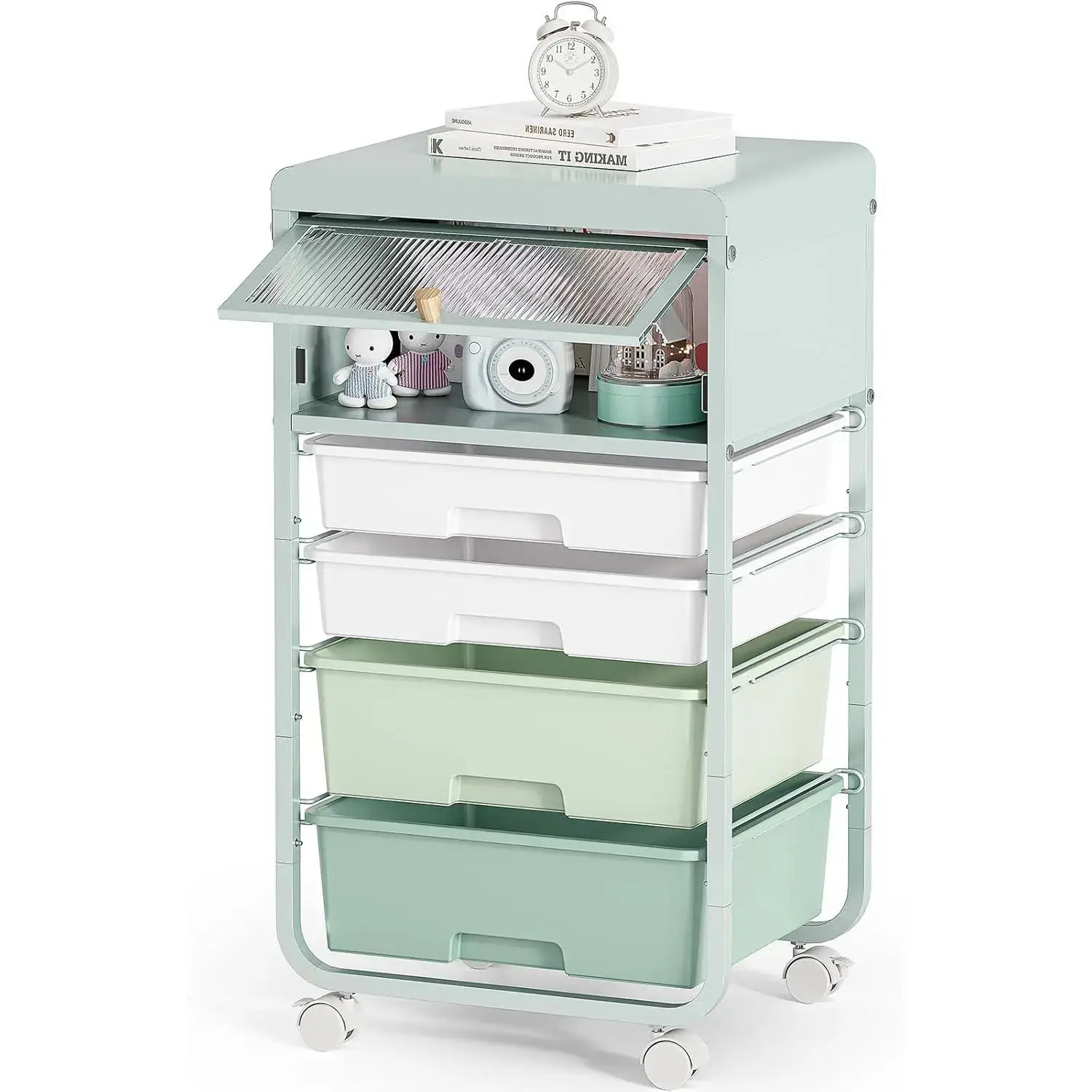 SYKIARIOL Utility-Rolling-Storage-Drawer-Craft-Cart-Organizers with 4 Drawers & Dust-Proof Door for Kid Craft Art Room,Bedroom,Home Office, 4 Tiers Drawer cart, Green