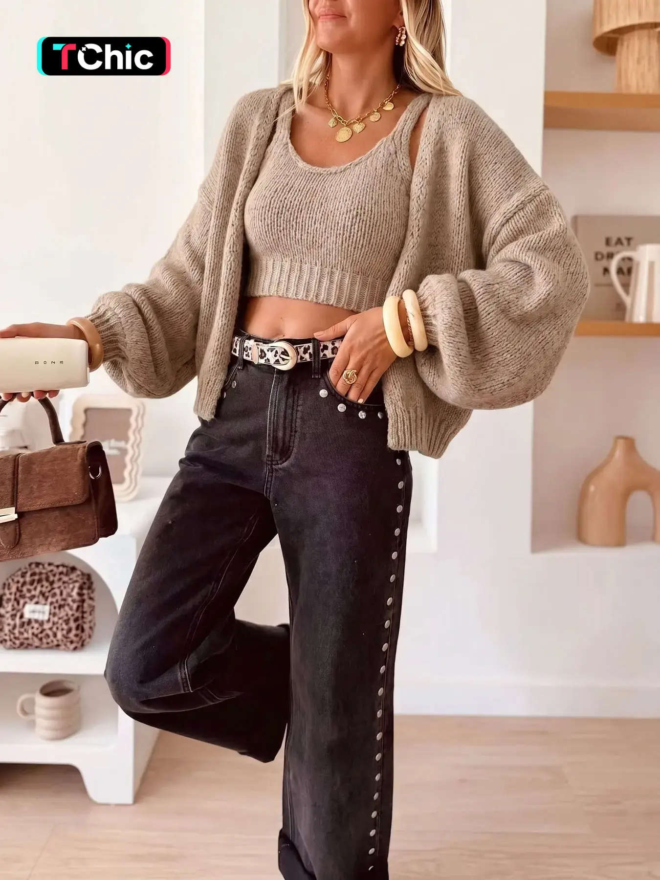 Women's Solid Crop Camisole + Loose Open-Front Ribbed Long Sleeve Cardigan – Fall Winter Soft Comfortable Casual Fashion Versatile Knit Cardigan Set, Street Modern Cozy Sweater Two-Piece Set