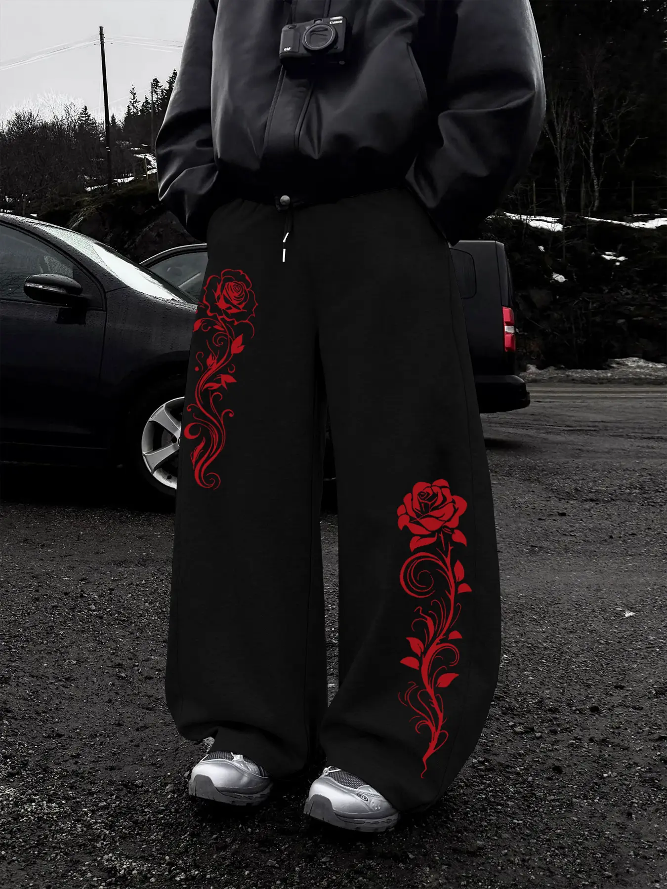Men's Casual Sporty Long Pants, Rose Pattern Print, Drawstring Wide Leg, Loose-Fitting, All Seasons, Men's Fashion Joggers