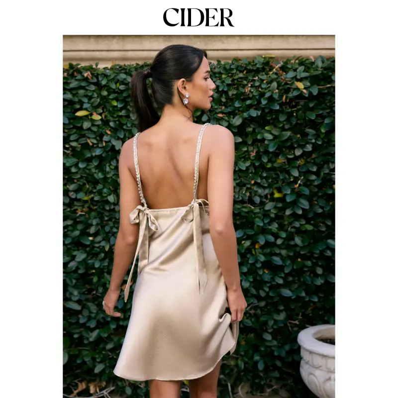 Cider Satin Cowl Neck Bowknot Rhinestone Strap Mini Dress SohoChic
