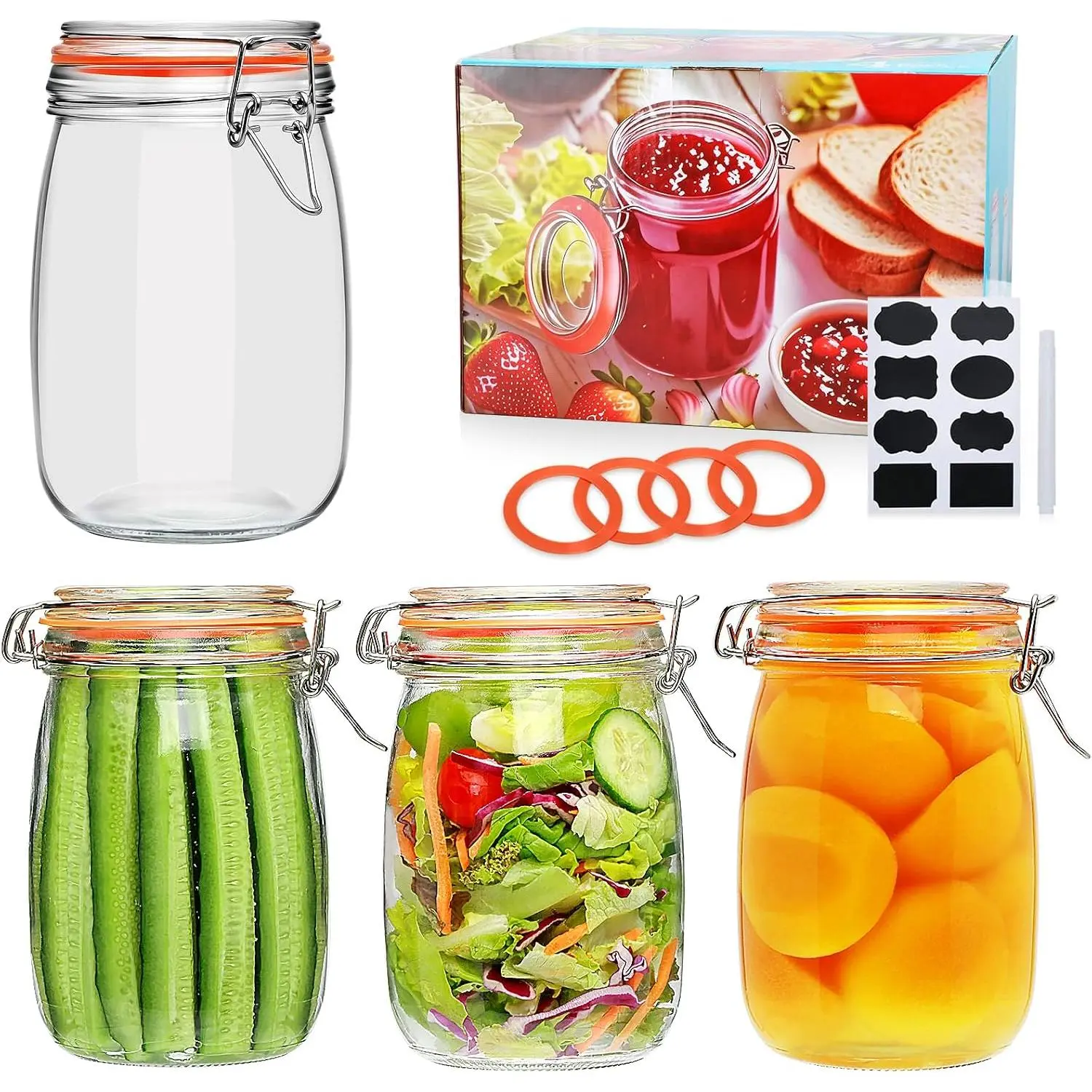 32 oz Wide Mouth Mason Jars with Airtight Hinged , Large Glass Jar with Lid for Pickling, Fermentation, Canning,  Storage – Set of 4 Glass Storage Containers