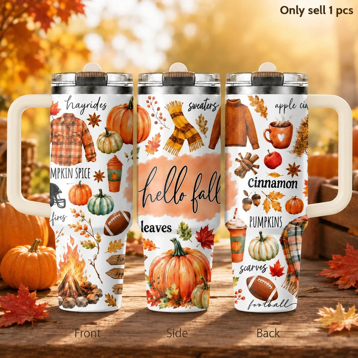 Fall Vibes Pumpkin 40oz Tumbler – Autumn Seasonal Stainless Steel Insulated Cup with Handle & Straw Lid for Coffee, Water, Cozy Office Days, Car, Thanksgiving, Cute Fall Gift