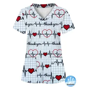 All-Over Print, ECG Pattern, Two Pockets, Women'S Scrub Top, Comfortable T-Shirt for Healthcare Professionals - Soft, Breathable, And Practical Uniform, Suitable for Hospitals, Dental Clinics, Beauty Salons, And Facilities, Nurse Workwear