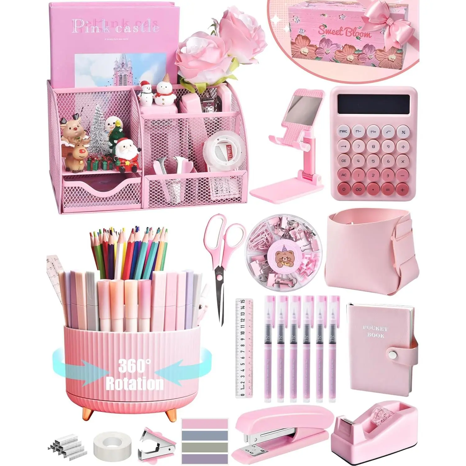 21Pcs Pink Desk Organizers and Accessories With Mesh Desk Organizer and 360°Rotating Pen Holder and a Lot of Office Pink Office Supplies Beautifully Presented in a Gift BoxGift