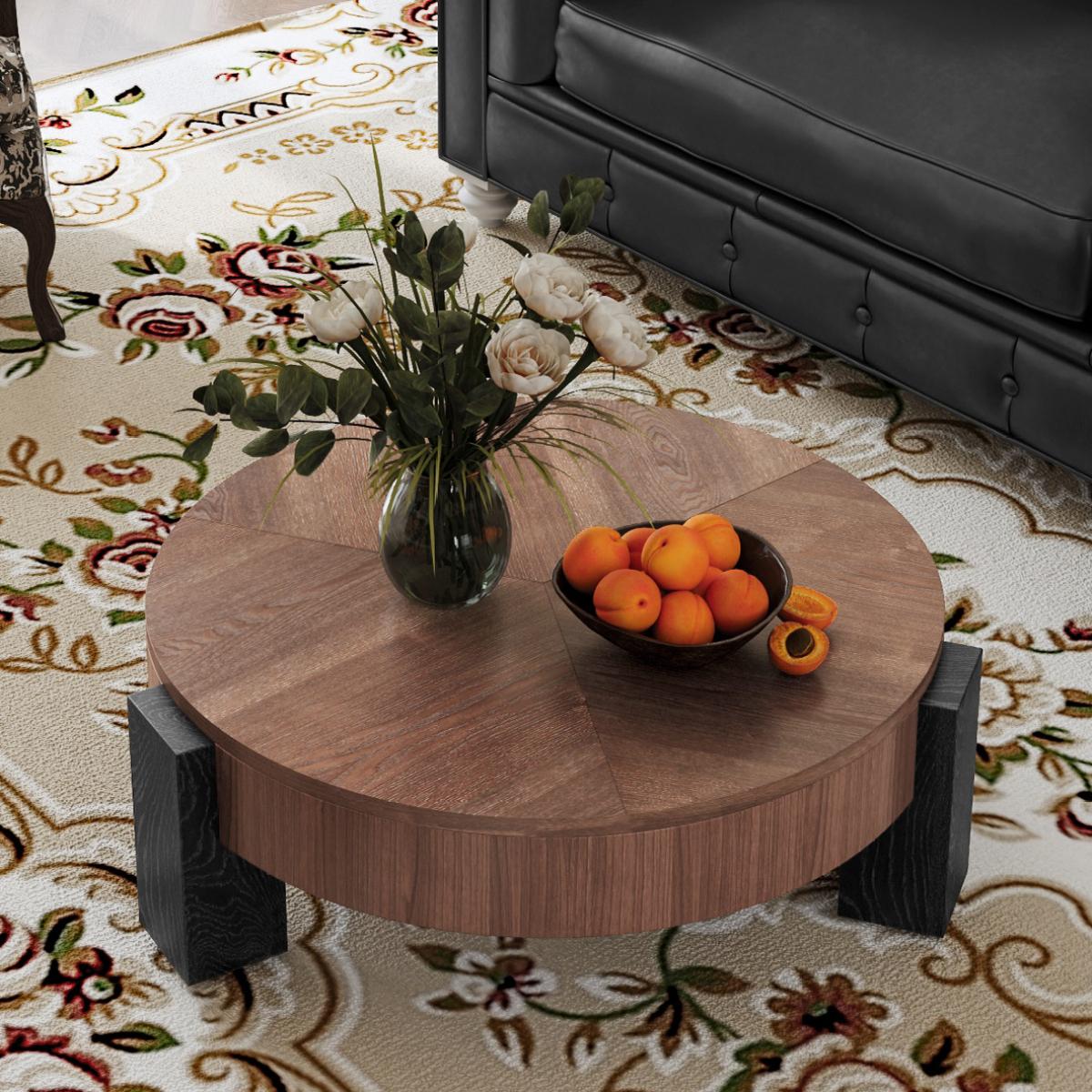 33'' Round Coffee Table with Hidden Storage, Modern Wabi-Sabi Wood Parquet Veneer Top Table, 3 Block Legs Sturdy Center Accent Table for Living Room, Small Space