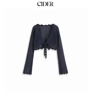 Cider Knit Crochet Hollow Out Bell Sleeve Knotted Oversized Cardigan Dealsforyou