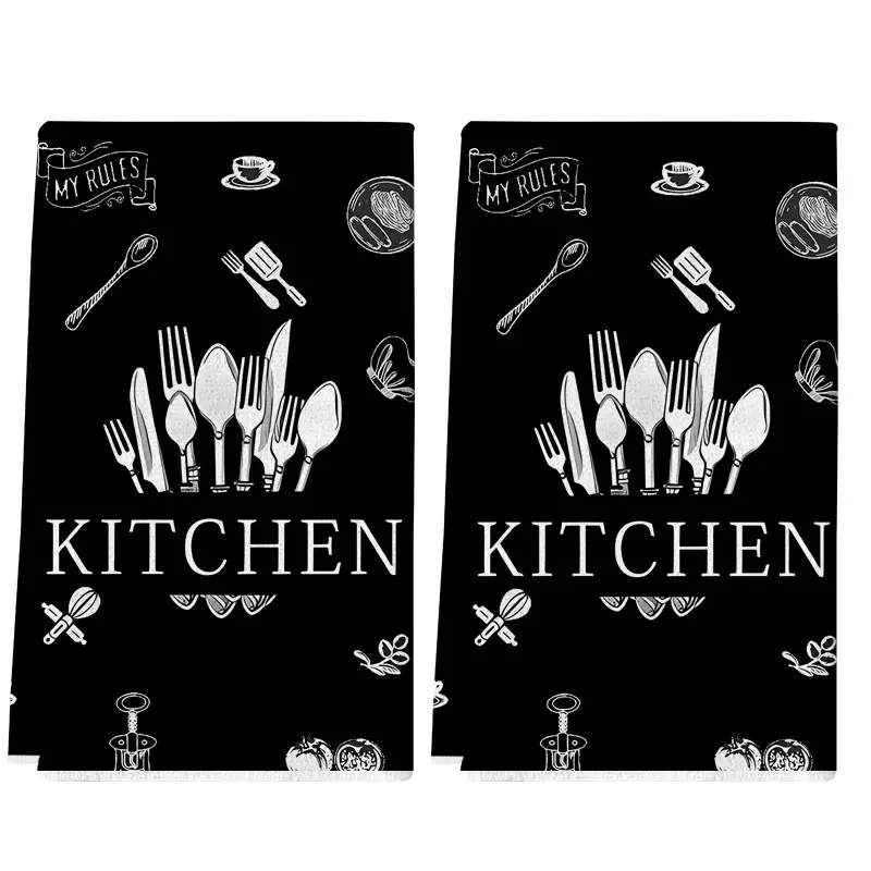 2pcs Kitchen Towels with Fork Knife Print, Heart Design, Super Soft Microfiber, High Absorbency, Ideal for Cooking, Baking, Cleaning