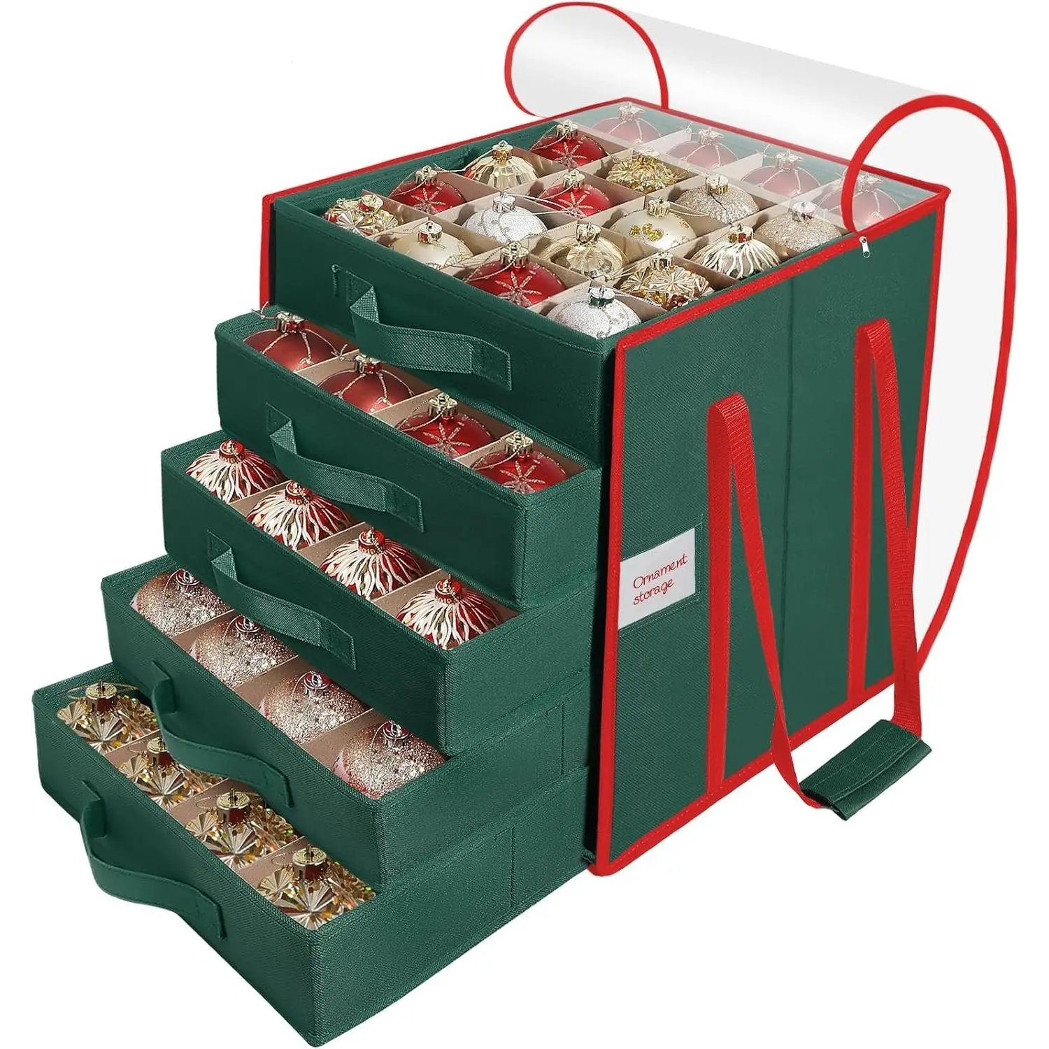 Christmas Ornament Storage Box 5 Tier Holds Up to 100 3" Xmas Ornament Organizer Container Adjustable Dividers 600D Oxford Fabric to Protect and Store Holiday Decor