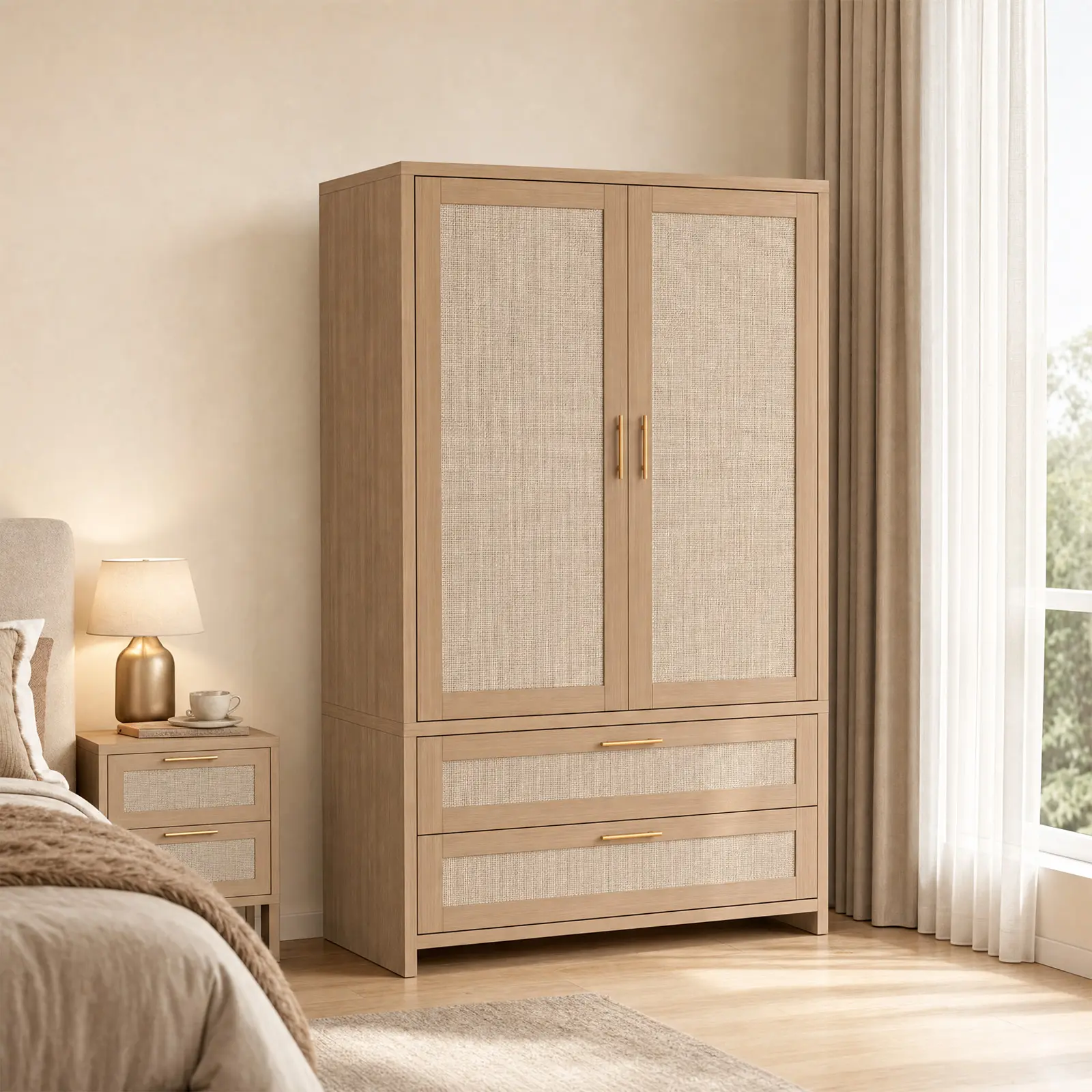 71 Inch Tall Armoire Wardrobe Closet Cabinet with Drawers Boho Rattan Clothing Storage Cabinet with Hanging Rod and 2 Doors for Bedroom Cloakroom