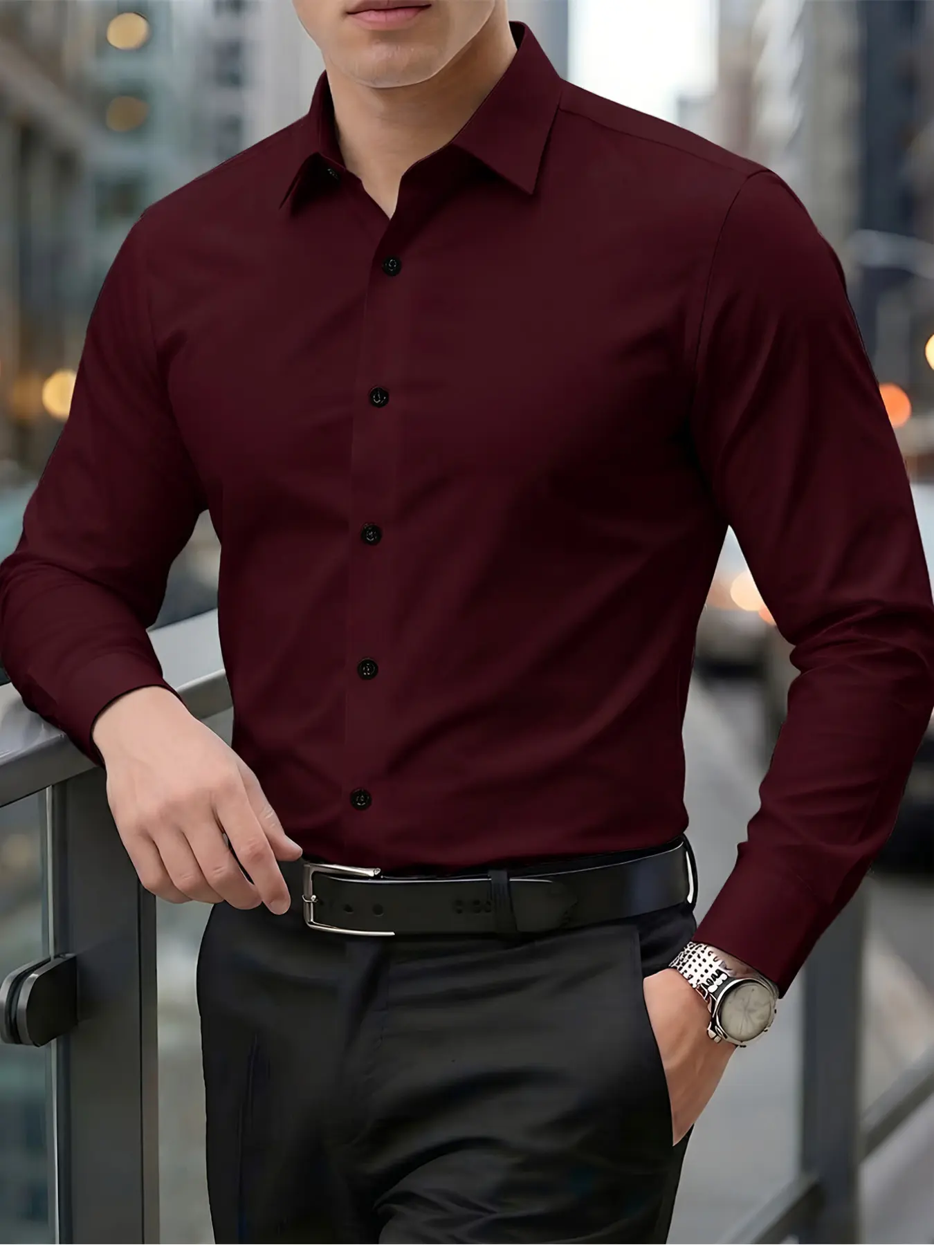 Men's Long Sleeve Classic Formal Collared Shirt, Wine Button Down, Slim Fit, Casual Business Style, Casual Workwear, Quick-Dry Fabric, All Seasons