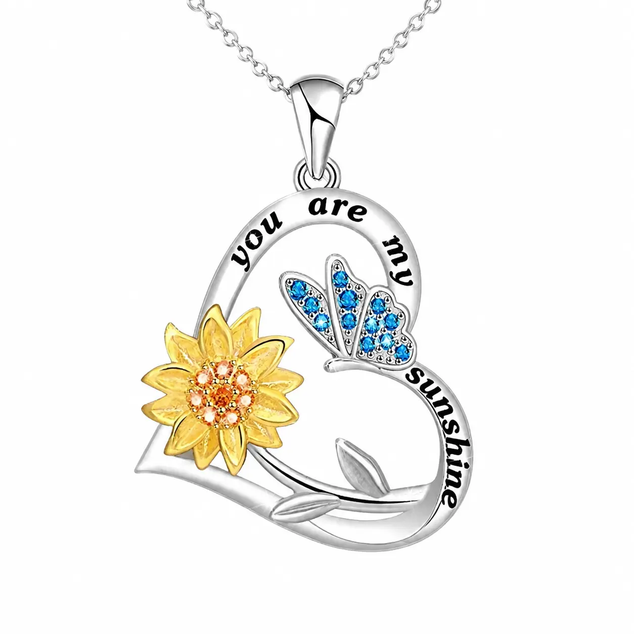 Women's Silver-Plated 2-Tone Pendant Necklace with Heart, Sunflower, Butterfly Design, Engraved "You Are My Sunshine", Costume Jewelry for Dating, Party, Gifts for Women