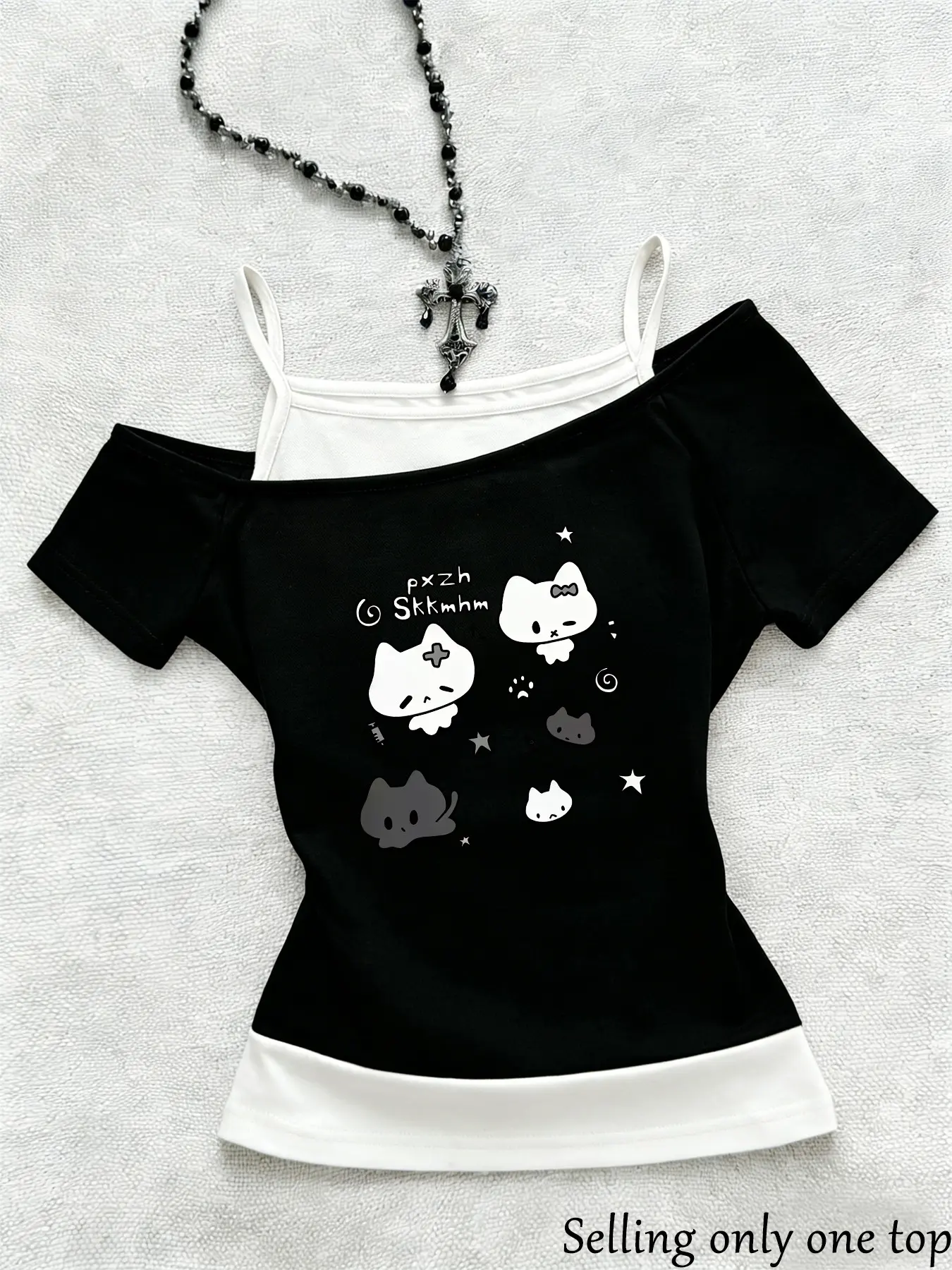 Spring Summer New Colorblock One-Shoulder Short Sleeve Top, Japanese Cartoon Cat Star Letter Print, Casual Loose-Fit T-Shirt for Women