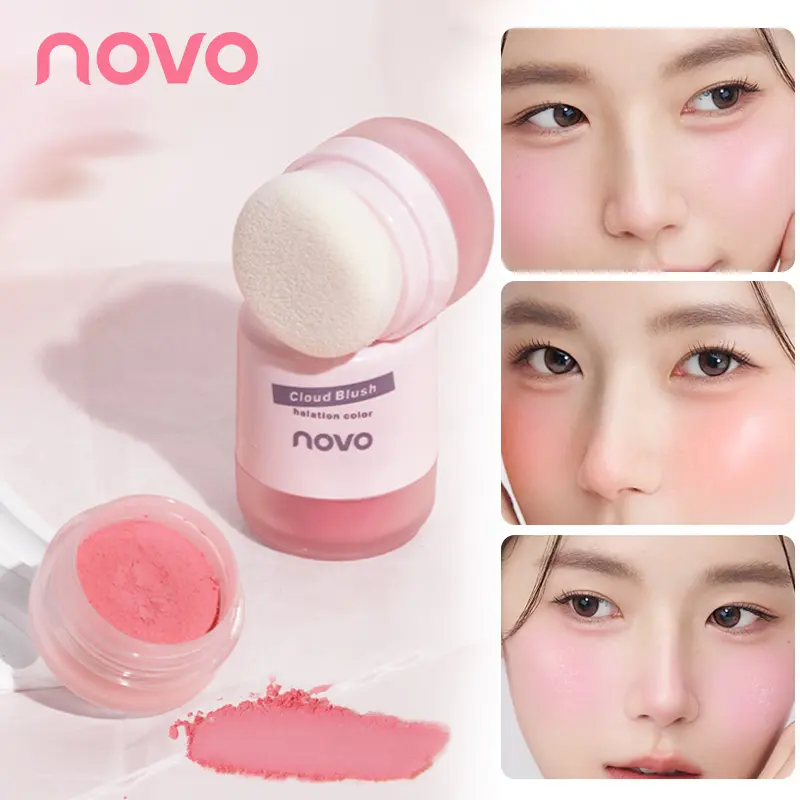 Cloud Cushion Blush Powder with Mushroom Sponge Puff, Lightweight Blendable Cheek Blush, Natural Healthy Pink Glow, Non-flying Powder Long Lasting Daily Korean Makeup for Beginners, Lightweight Natural Look